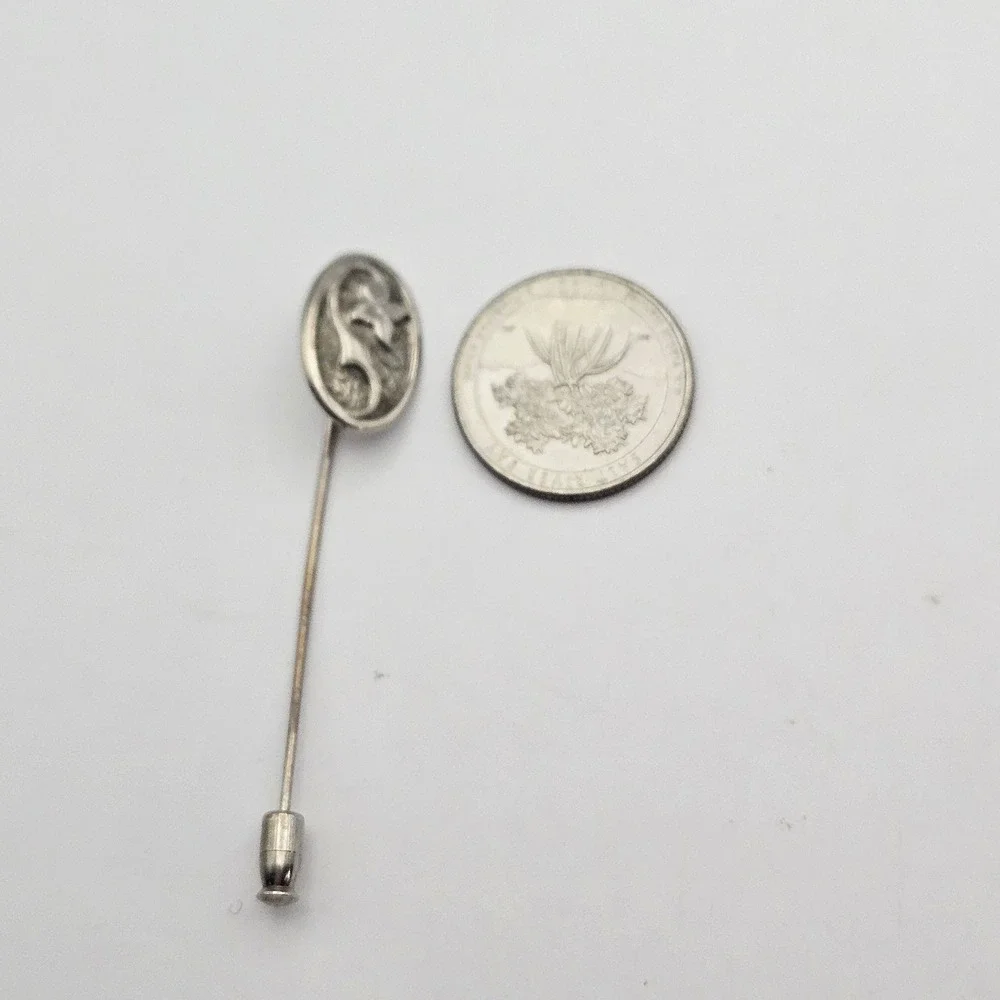Vintage Sterling Silver Floral Scroll Oval Stick Pin Hat Lapel